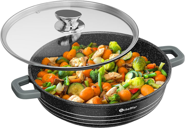 Scheffler Servierpfanne Induktion, 24 x 7 cm Schmorpfanneaus Aluminiumguss, Pfanne Bratpfanne mit Ma