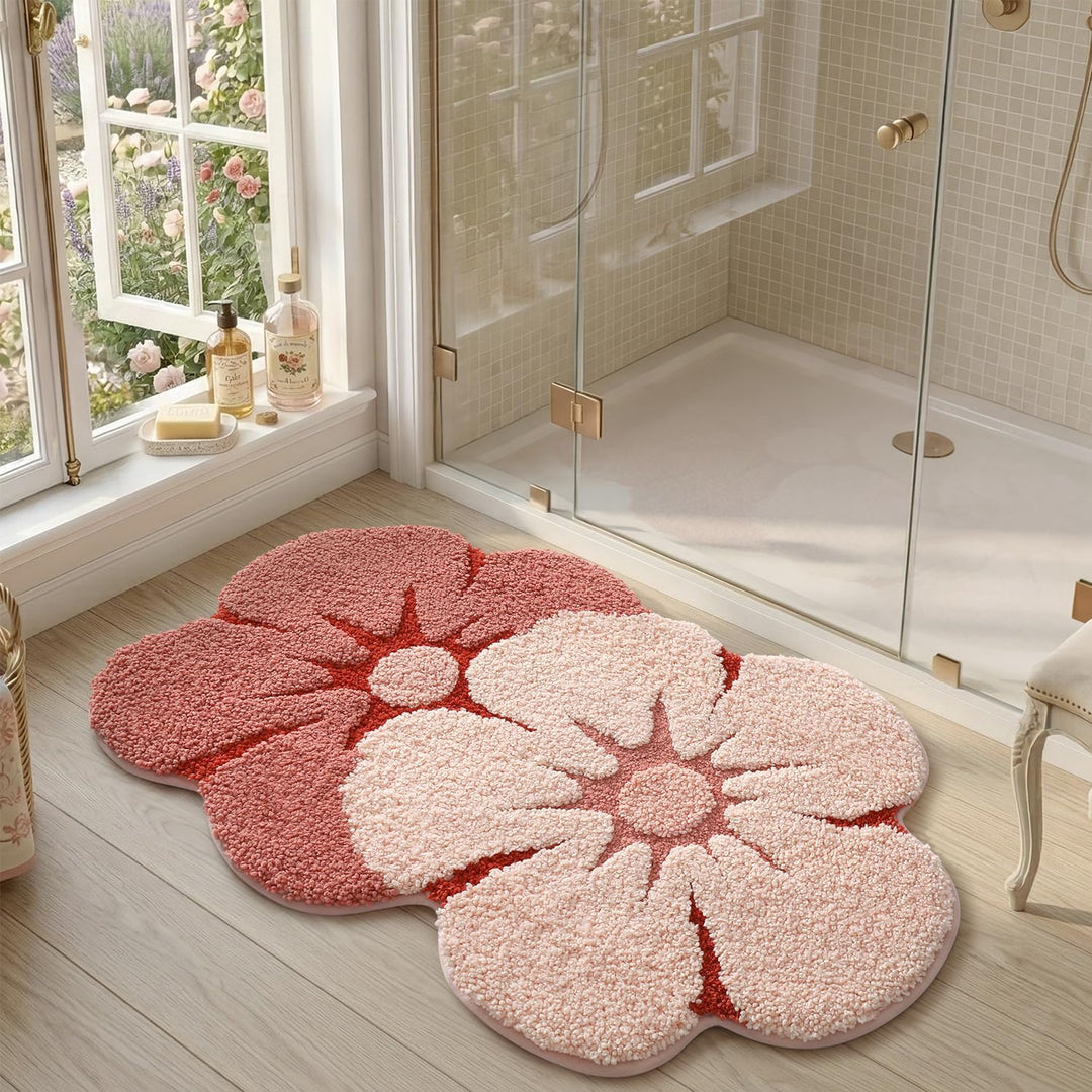 DEXI Badezimmerteppich 50 x 80 cm, Badematte rutschfest Absorbierende mit Blumenmuster, Blumenförmig