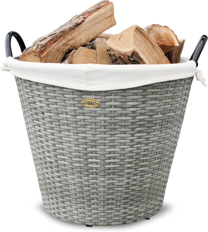 HABAU Feuerholzkorb mit waschbarem Stoffeinsatz, Holzkorb aus extrem robustem Polyethylen mit Metall