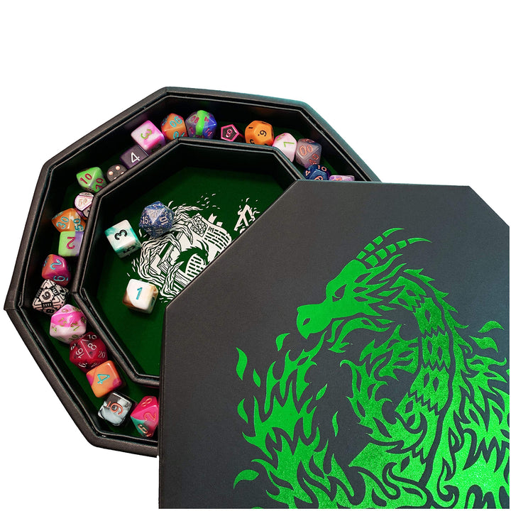 Fantasydice Green Fire Dragon Dice Tray with Wizard Book Print – 23CM Octagon with Dice Staging Area