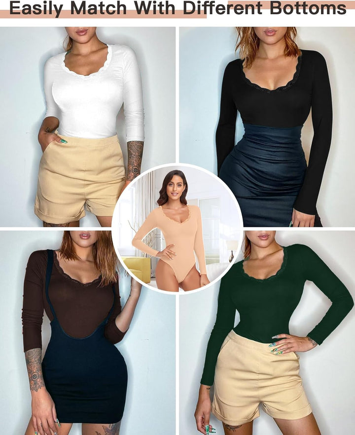 WOWENY Thermo Body Damen Langarm Elegant Langarmbody mit Spitze V-ausschnitt Fleece Bodysuit Warm Be