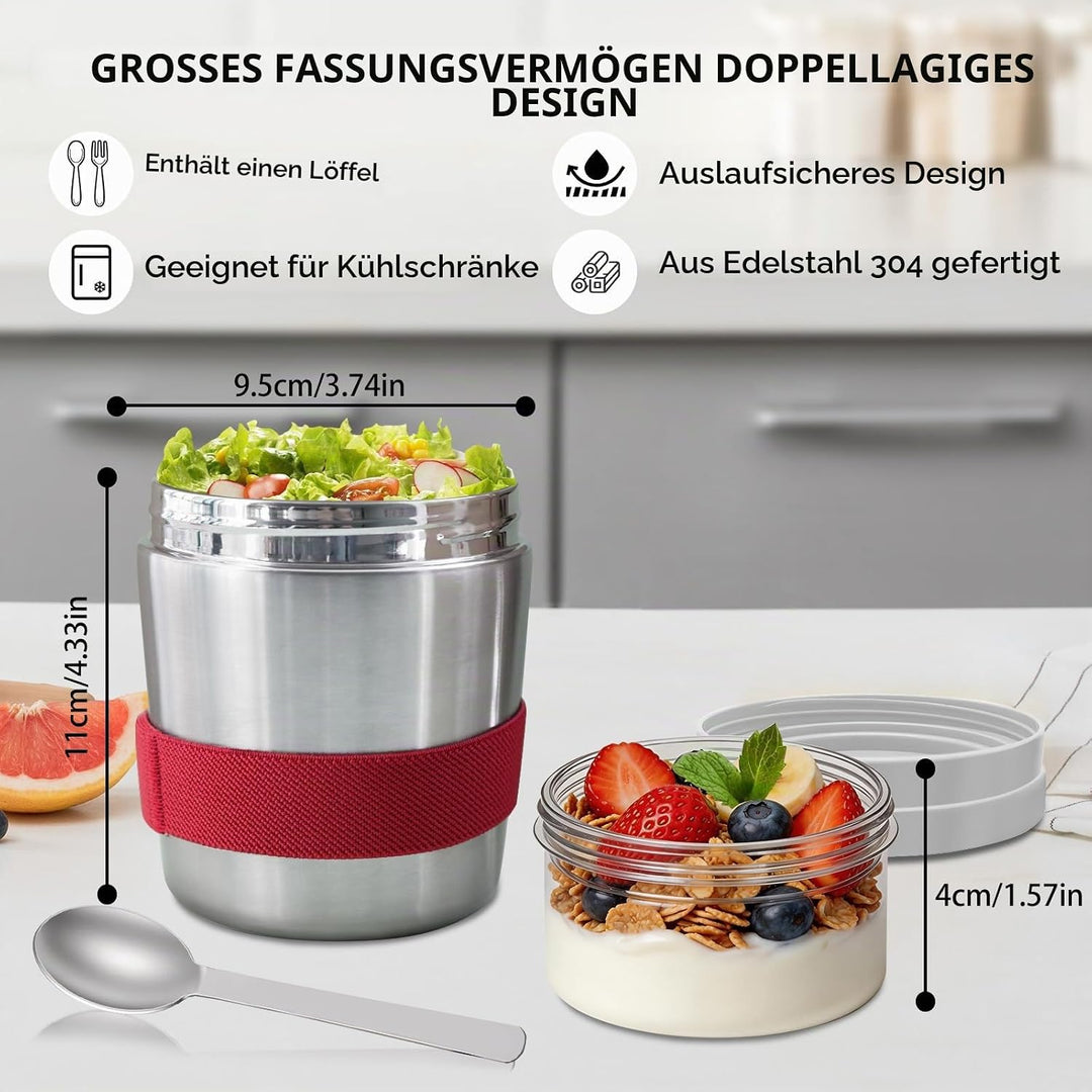 Müslibecher to Go Edelstahl mit Löffel, Vakuumisolierter Joghurtbecher to Go 500ml+220ml, Müslibeche