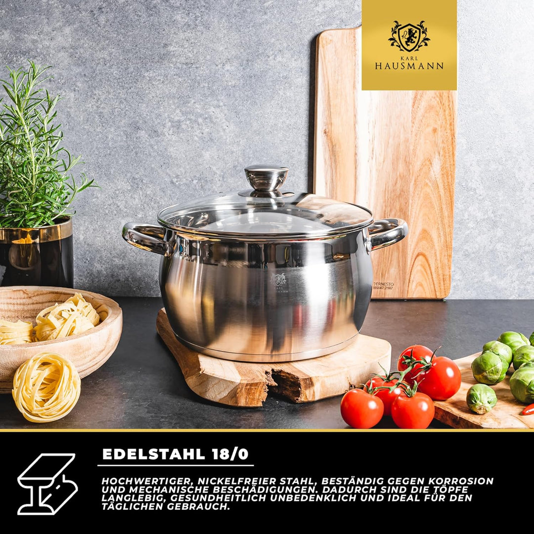 Topfset Induktion 3-teilig, Kochtopf Set mit Glasdeckel, Edelstahl mattiert, Induktions Töpfe Set un