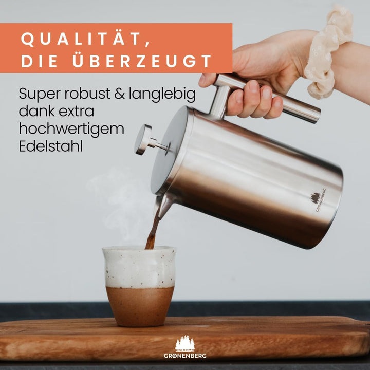 Groenenberg French Press aus Edelstahl | 1 Liter (5 Tassen) | Erhältlich in 3 Grössen | Thermo Kaffe