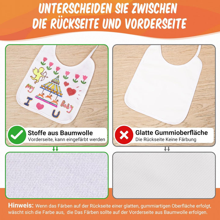 APOGO Lätzchen zum Bemalen, 10 Stück Weisse Lätzchen zum Bemalen, mit 24 Textilstiften und 4 Schablo