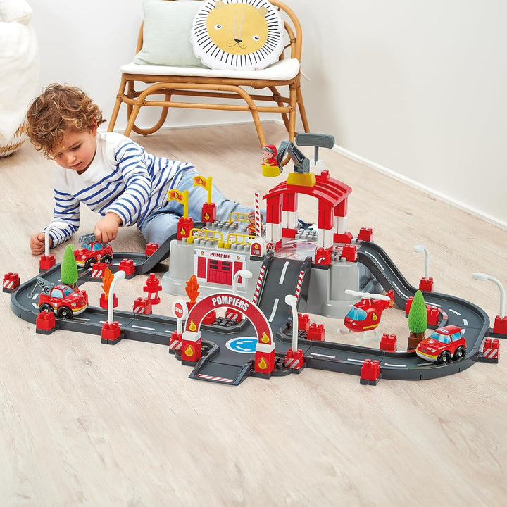 Ecoiffier Spielzeug - 1349 - Feuerwehr-Circuit im Eimer - Abrick - Konstruktionsspielzeug für Kinder