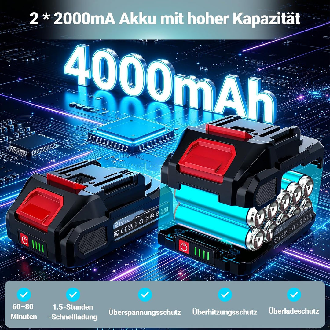 Bürstenlos Akkuschrauber 21V, Akku Bohrschrauber mit 2 Akkus 2.0Ah, 55 Nm, 20+1 Drehmomentstufen, 2