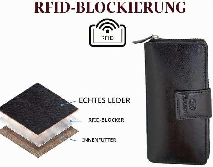 ALMADIH Damen Portemonnaie Mila Premium Rindsleder mit RFID - 26 Kartenfächer, 7 Einsteckfächer, 4 G