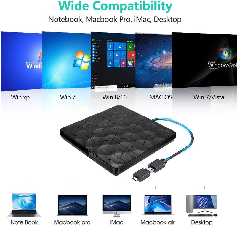 Comter Externes CD DVD Laufwerk, USB 3.0 USB-C Portable DVD/CD Leser und CD DVD-/+RW Brenner/Plug&Pl
