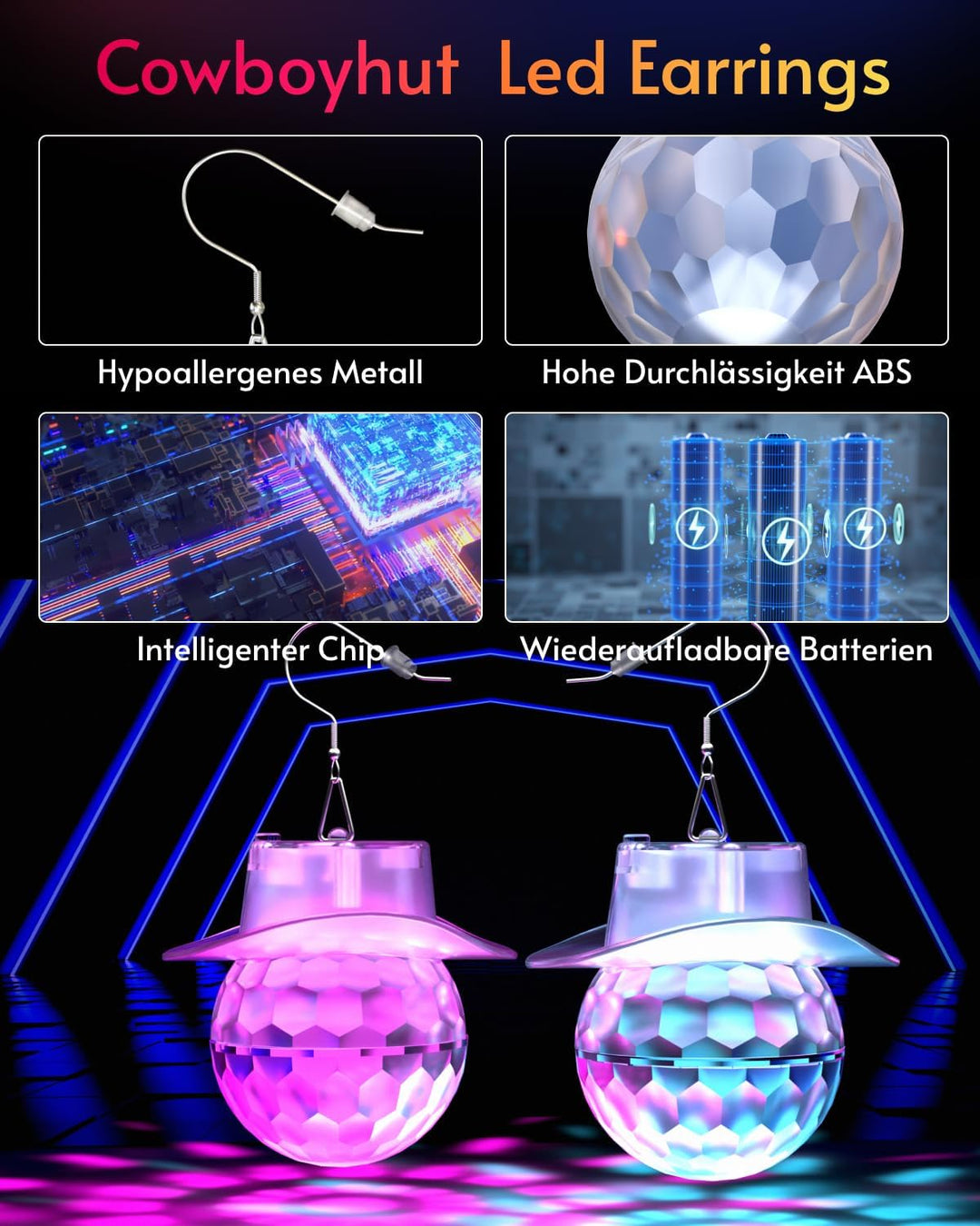 LED Ohrringe Disco Ball Ohrringe 7 RGB Licht Projektion Licht Ohrringe für Frauen Wiederaufladbare L