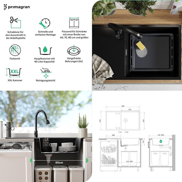 Granitspüle Schwarz 90x50 cm, Spülbecken 1 Becken XL + Ablauf-Set + Küchenarmatur 9050, Küchenspüle