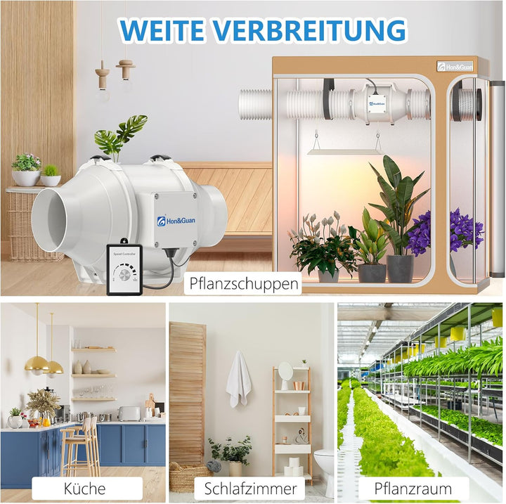 Hon&Guan Abluftventilator Rohrventilator 100mm mit Variabler Geschwindigkeitskontrolle, Abluftventil