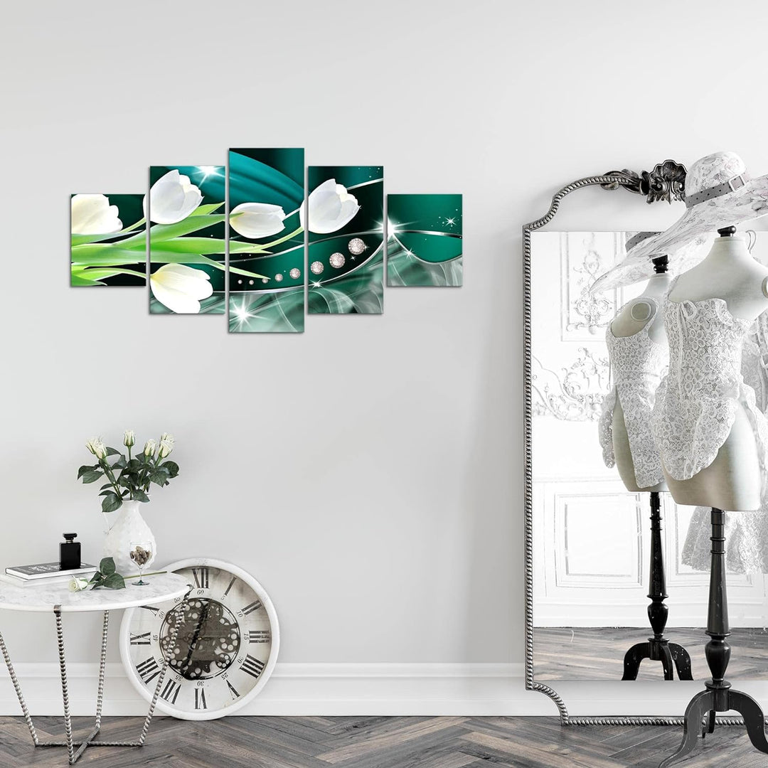 Runa Art Wandbilder Blumen Tulpen 5 Teilig Bild auf Vlies Leinwand Deko Wohnzimmer Diamant Grün Grau