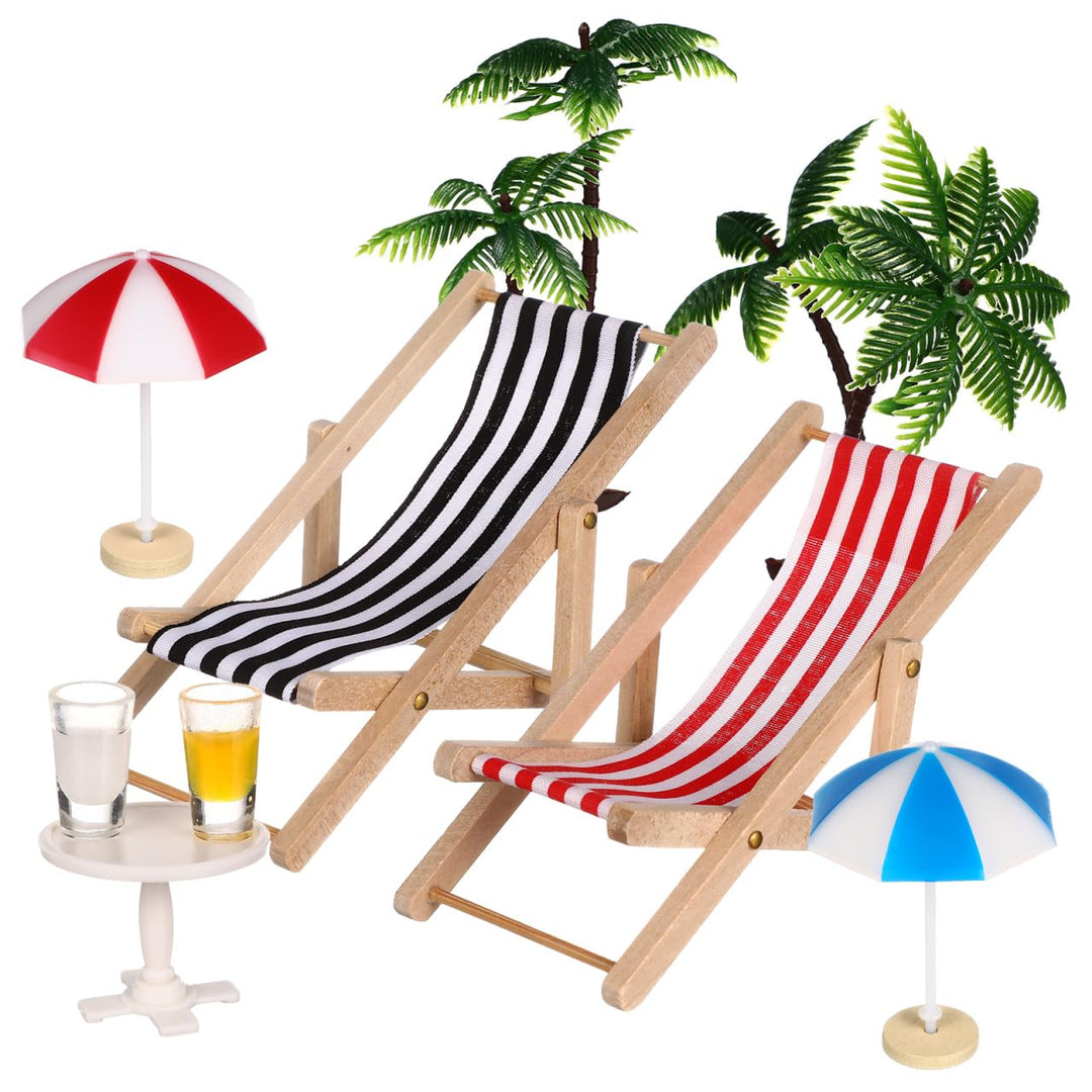 Hemobllo 9 Stück Miniatur Strand Deko Set, Mini Liegestuhl Palme Sonnenschirm Zubehör für DIY Sommer