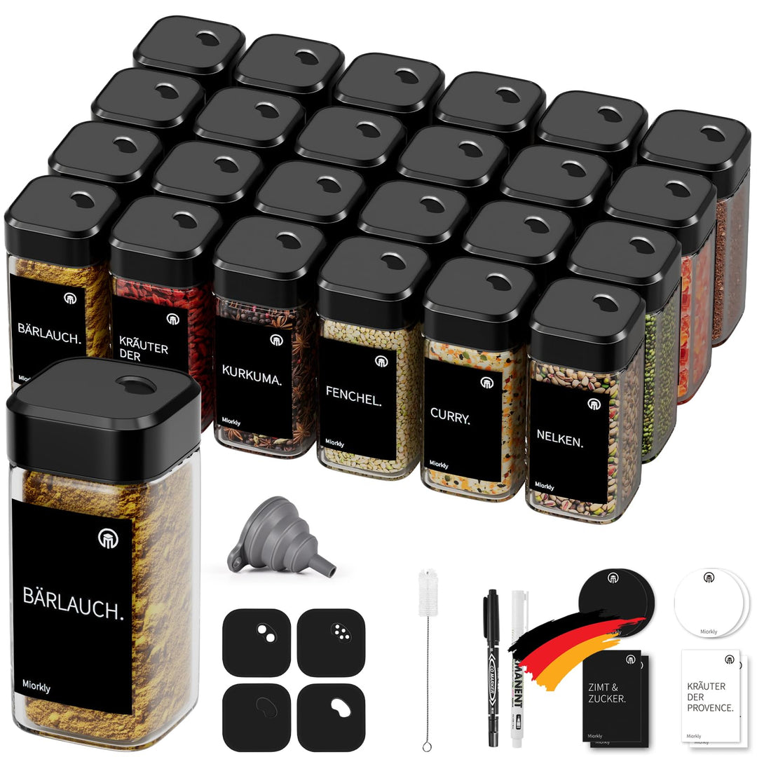Miorkly 24 Gewürzgläser Eckig mit Drehdeckel,Gewürzstreuer Glas 120 ml - Gewürzdosen Set Starke Vers