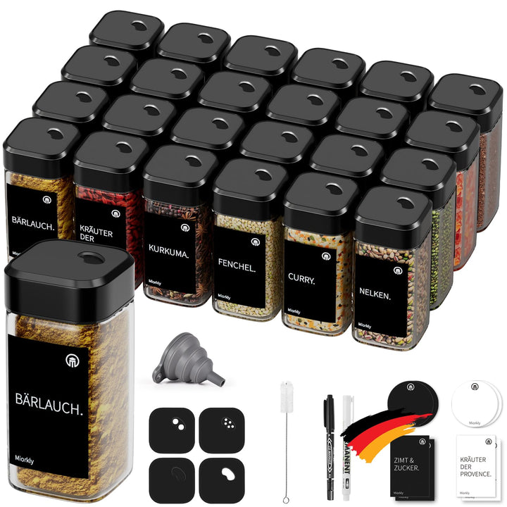 Miorkly 24 Gewürzgläser Eckig mit Drehdeckel,Gewürzstreuer Glas 120 ml - Gewürzdosen Set Starke Vers