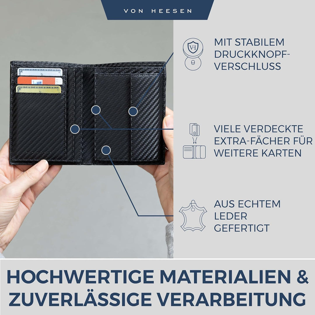 VON HEESEN® Geldbörse Herren & Damen (Carbon-Schwarz, MIT MÜNZFACH) Schwarz Carbon MIT XL MÜNZFACH,