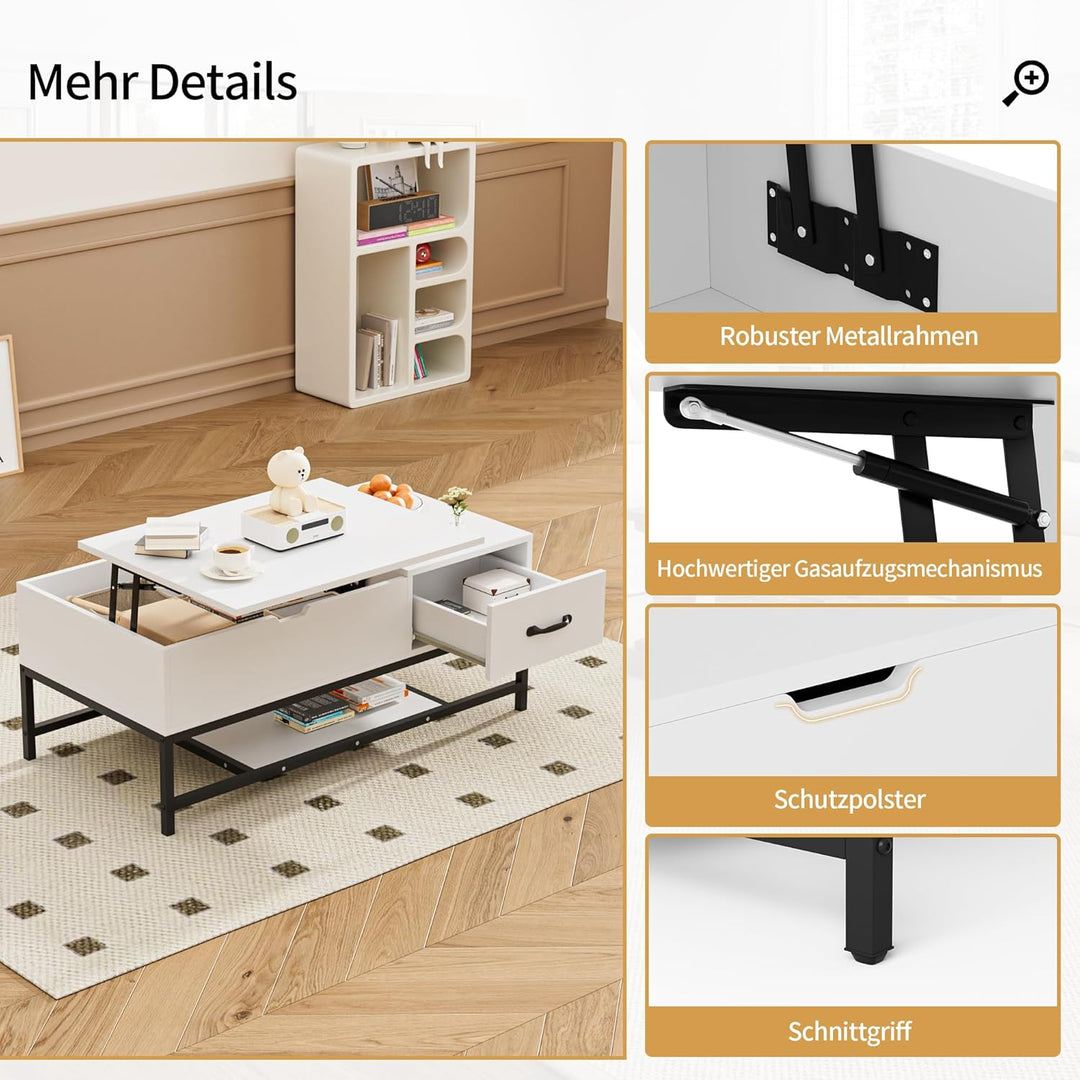 BonVache Couchtisch Höhenverstellbarer, Sofatisch, Beistelltisch mit Ablage, Wohnzimmertisch, Kaffee