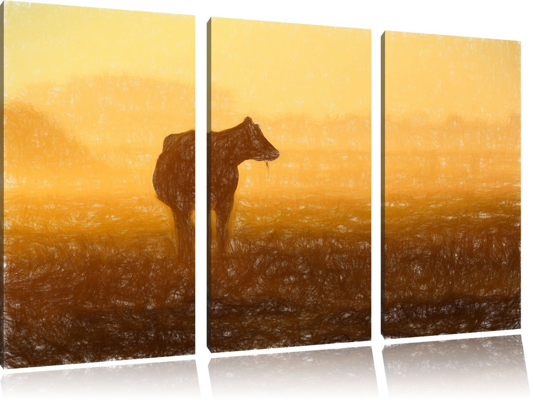 Pixxprint eine fressende Kuh auf der Weide als Leinwandbild/Grösse: 3 Teilig (120x80) / Wandbild/Kun