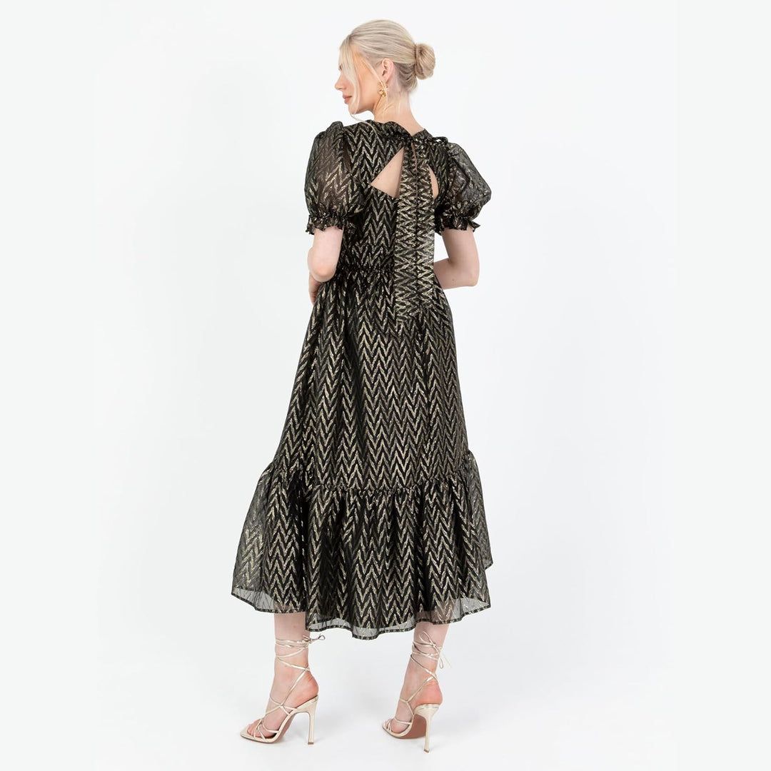 Lovedrobe Damen Women's Midaxi Ladies Round Neck Short Puff Sleeves Metallic Zig-zag Tie-Back A-line