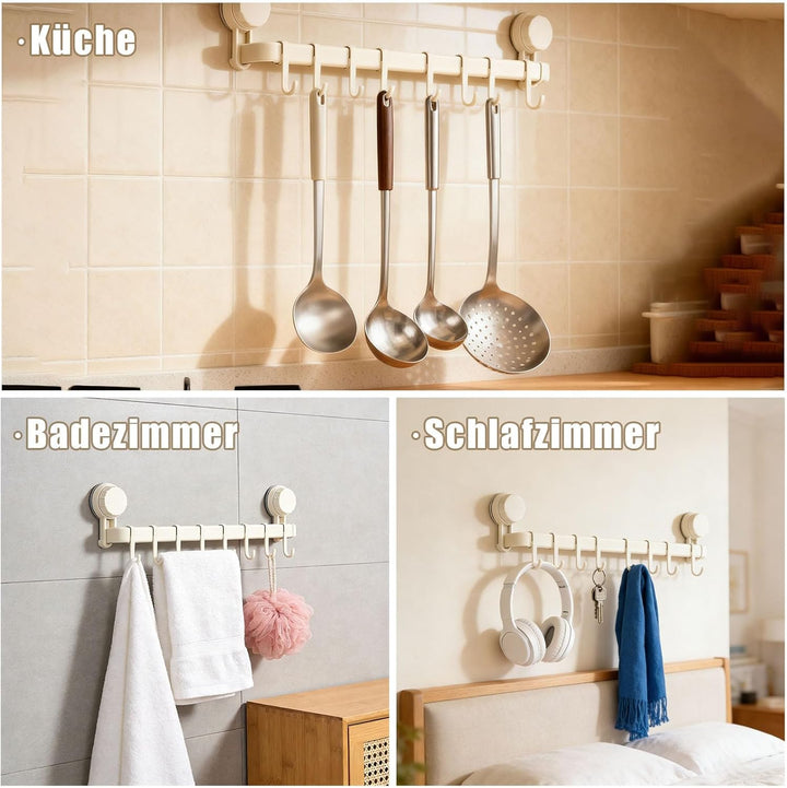 Hakenleiste Küche ohne Bohren mit 8 Haken,Küchenutensilienhalter Saugnapf Montage,45 cm lang,Halter