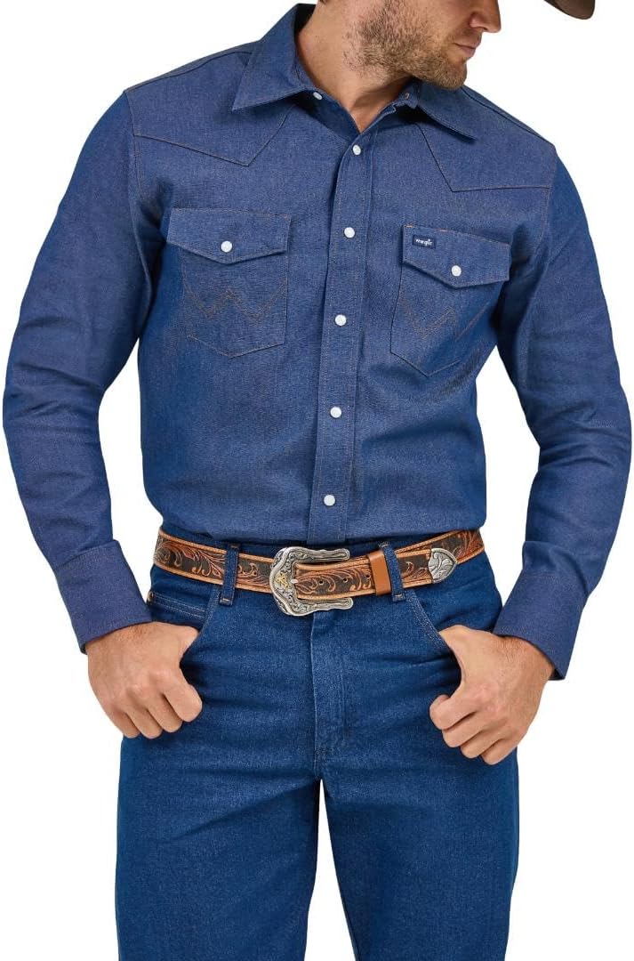 Wrangler Men's Authentic Cowboy Cut Work Western Long-Sleeve Firm Finish Shirt S Indigo, S Indigo