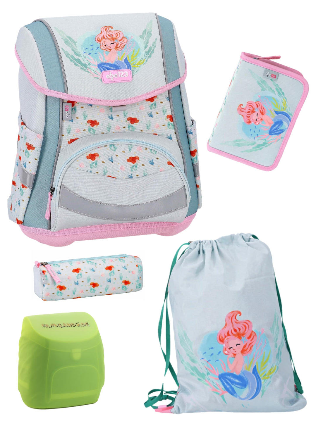 Familando - Schulranzen Set 5-teilig - Rosa Meerjungfrau (Meermaid) - Ergonomisch, stabil & mit gepo