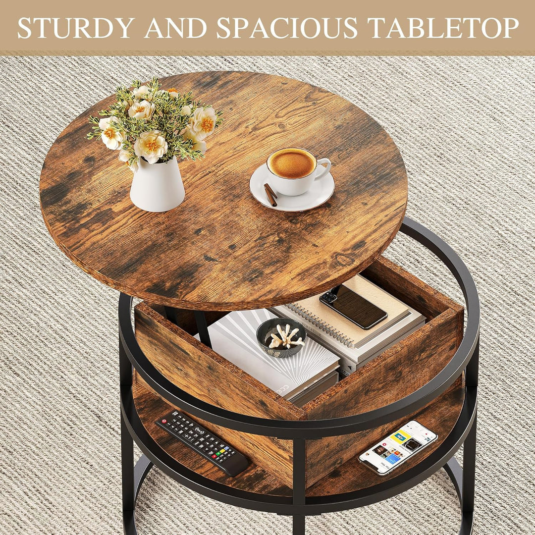 YITAHOME Couchtisch Rund mit Hebeplatte, Wohnzimmertisch Höhenverstellbar mit Stauraum 60x60x47cm, C
