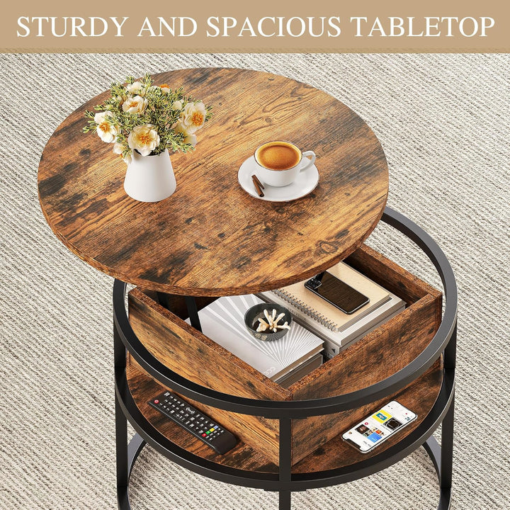 YITAHOME Couchtisch Rund mit Hebeplatte, Wohnzimmertisch Höhenverstellbar mit Stauraum 60x60x47cm, C