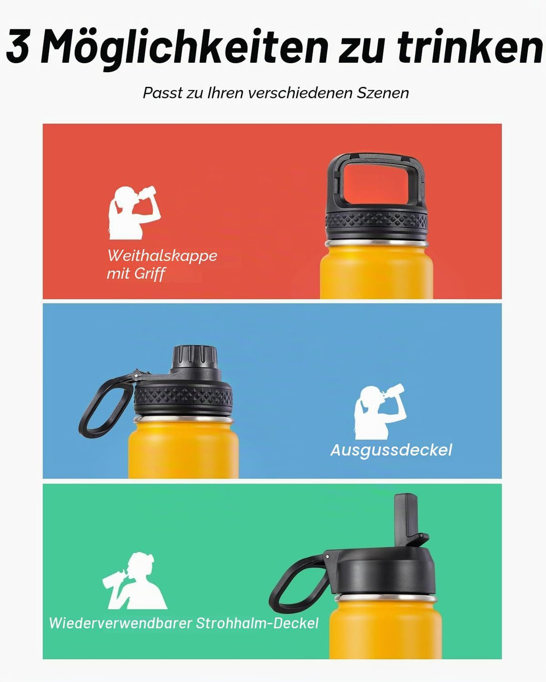 Coolflask Wasserflasche 20 oz isoliert mit Strohhalm, rostfreier Stahl Metall 3 Deckel Wasserflasche