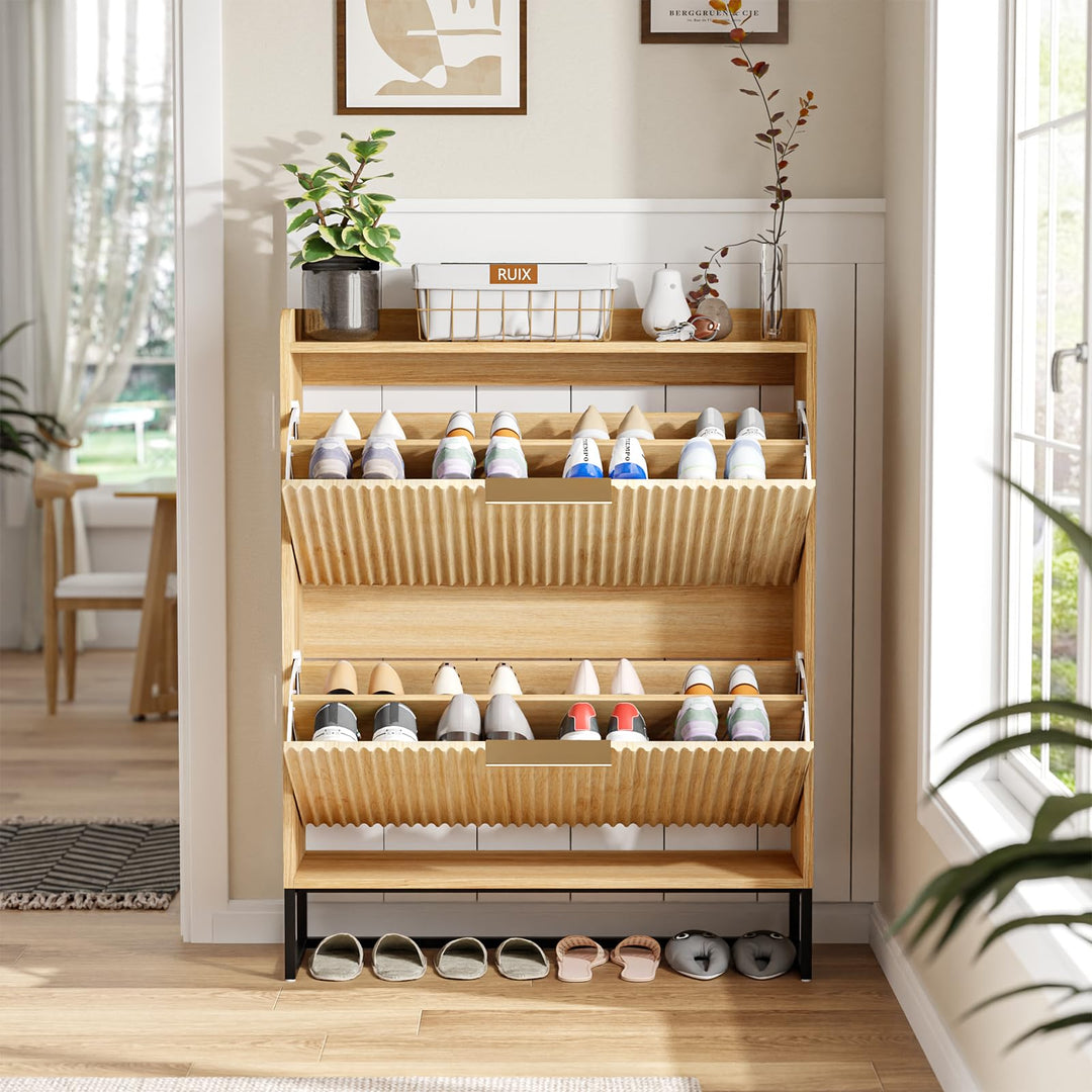 Bonnlo Schuhschrank mit 2 Klappen, Schuhregal mit geriffelte Türen, Schuhkipper Schmal, Schuhaufbewa