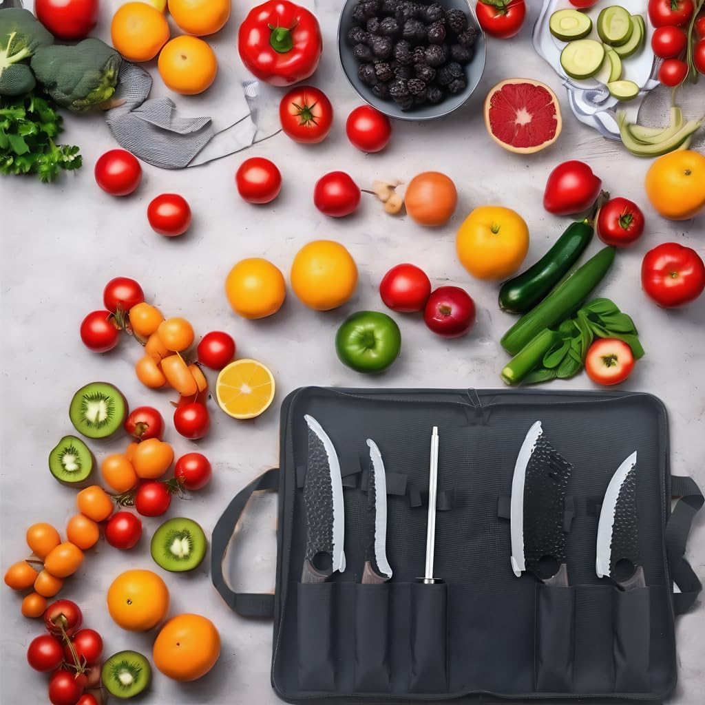 6 Pcs Kochmesser Set Mit Tasche, Küchenmesser, Wetzstahl,Schneidebrett, Handgeschmiedet Chefmesser,