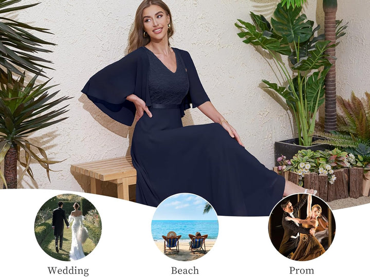 DRESSTELLS Damen Abendkleider Hochzeitsgast Chiffon Cape Ärmel Brautjungfer Kleider Cocktailkleid fü