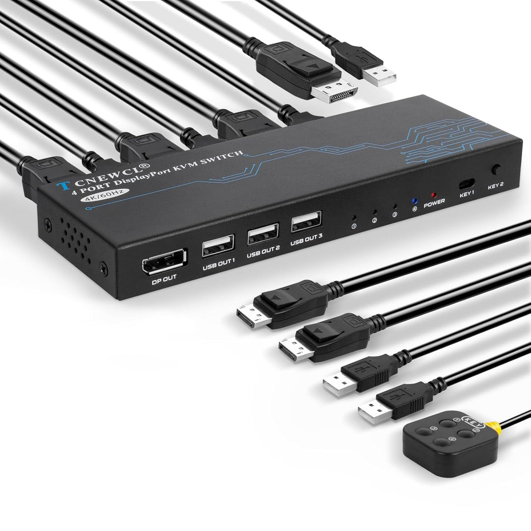 TCNEWCL DisplayPort KVM Switch 4 Port, 4K@60Hz DP und USB KVM Umschalter für 4 PCs Share 1 Monitor T