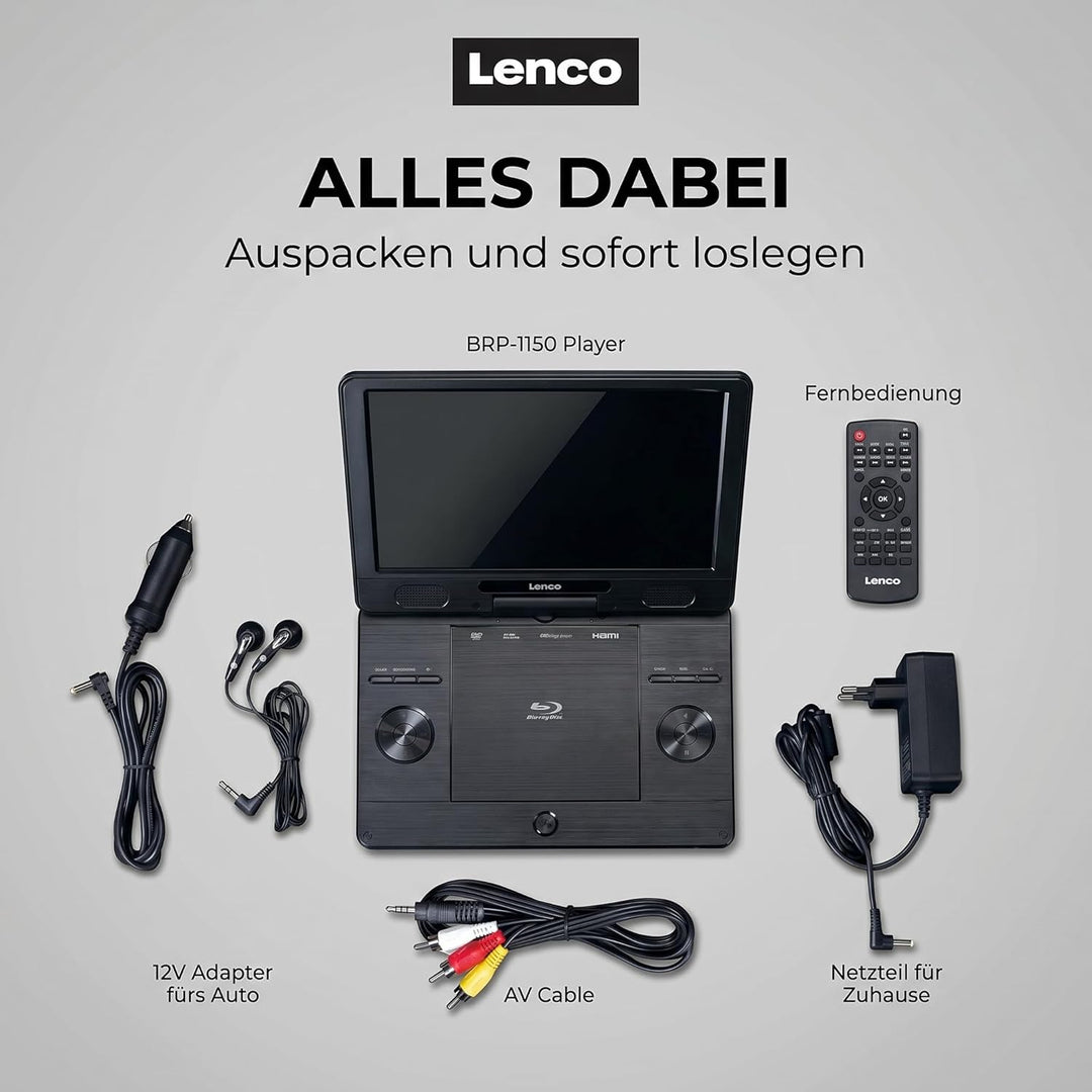 Lenco BRP-1150 tragbarer Blu-Ray DVD-Player - 11,5” drehbarer TFT Bildschirm mit 1024 x 600 Pixel -