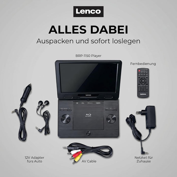 Lenco BRP-1150 tragbarer Blu-Ray DVD-Player - 11,5” drehbarer TFT Bildschirm mit 1024 x 600 Pixel -