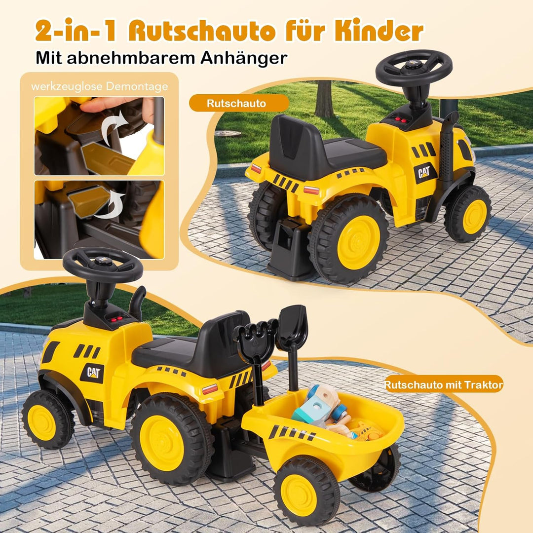 DREAMADE Kinder Rutschtraktor mit Abnehmbarem Anhänger, Hupe, LED-Lichtern, Rechen & Schaufel - Ruts