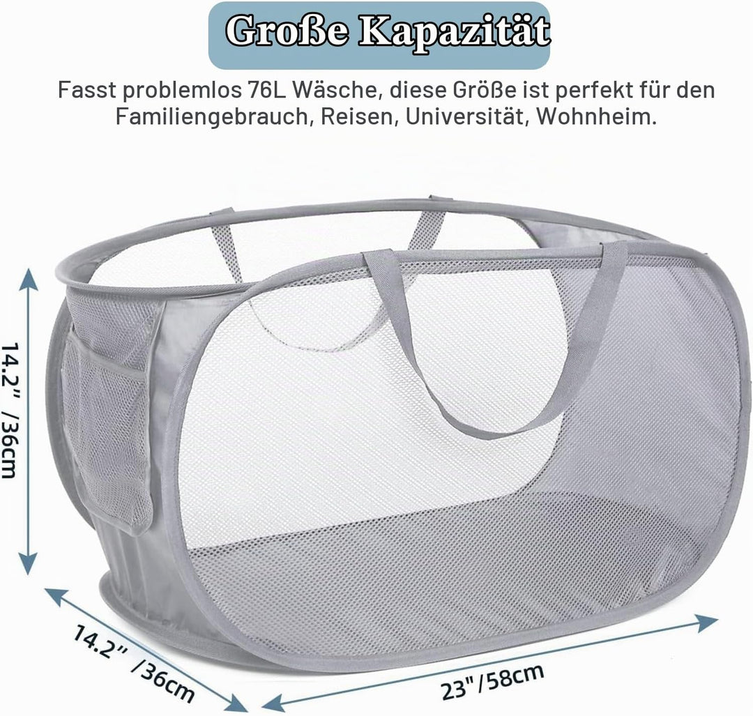 3er Set Pop-up Wäschekorb Faltbar, Laundry Baskets mit Henkel, Klappbarer Wäschesammler aus Mesh, fü