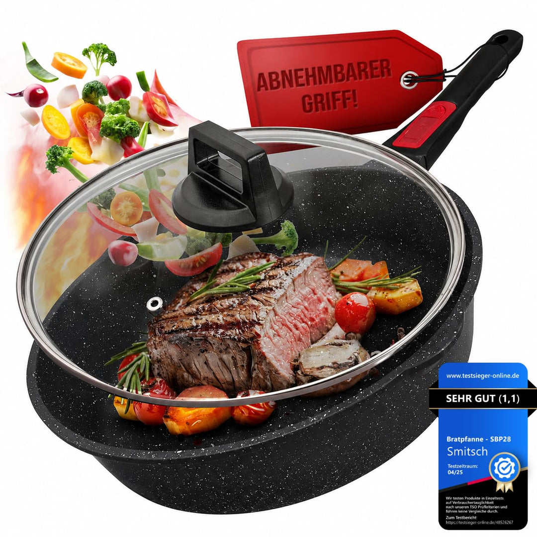 Bratpfanne 28cm mit Deckel – Beschichtet, abnehmbarer Griff, spülmaschinenfeste,ofenfeste pfanne,pfa