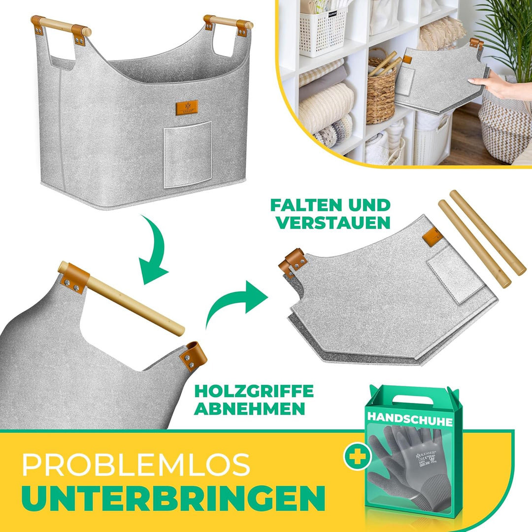 KESSER® Brennholzkorb 60 Liter | Kaminholztasche extra Dicker Filz | Feuerholzkorb faltbar mit verst