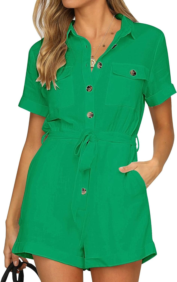 Roskiky Damen Sommer Taschen Gürtel Strampler Knopf Kurzarm Jumpsuit Playsuit L Lustiges Grün, L Lus
