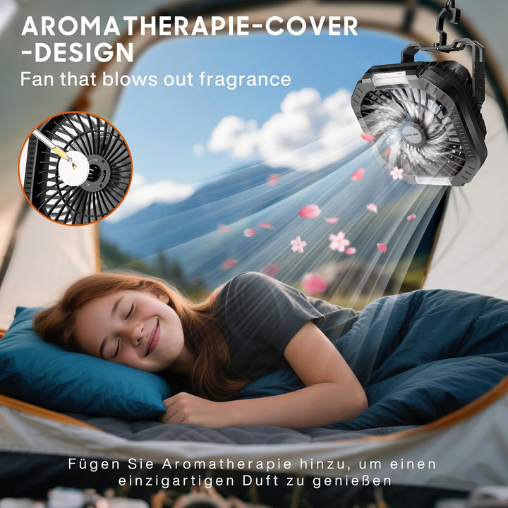 Camping Ventilator, 10000 mAh Ventilator USB-Tischventilator mit Licht, Haken und Paracord-Armband,