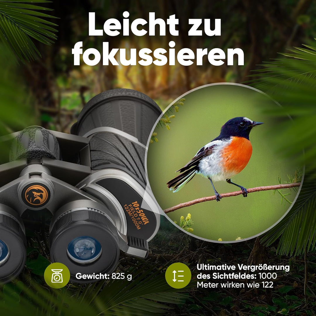 Adler Focus Fernglas 10x50, Testsieger für Erwachsene, Eagle-Eye-Technologie, 22mm HD Augenmuschel,