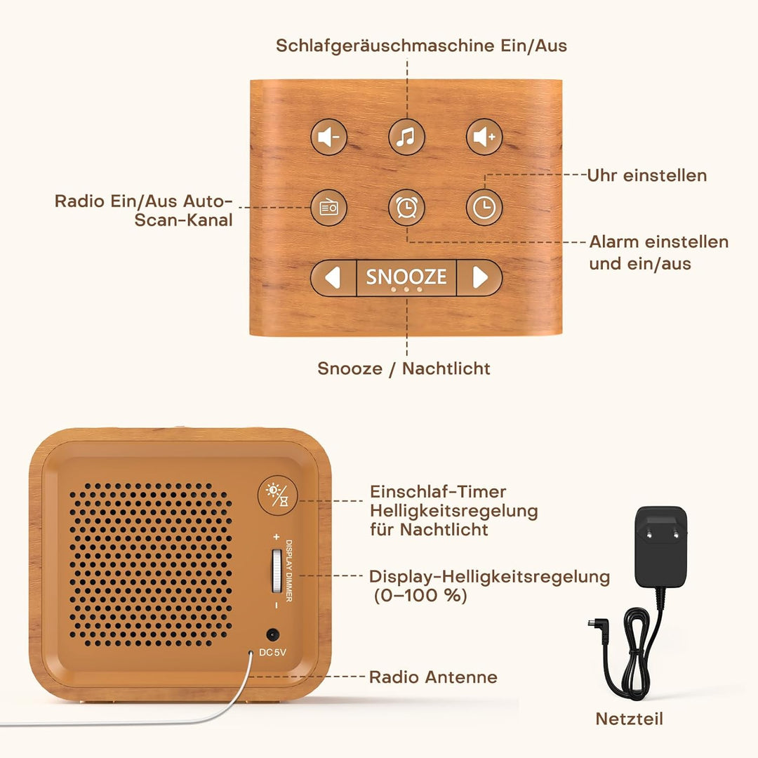 REACHER Radiowecker für das Schlafzimmer, Digitale FM Radiouhr mit Weissrausch-Soundmaschine, 9 Alar