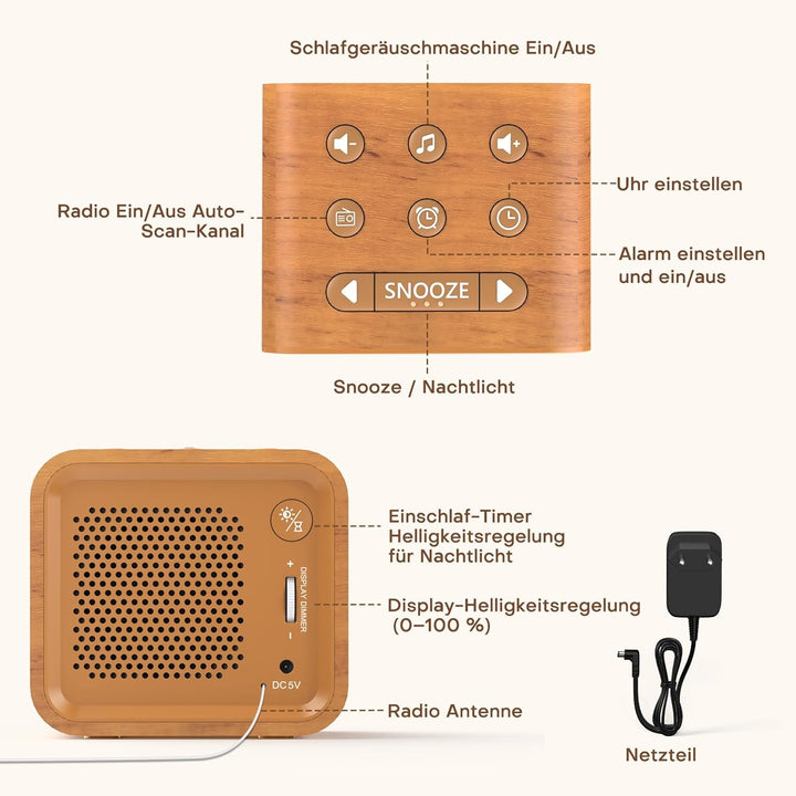 REACHER Radiowecker für das Schlafzimmer, Digitale FM Radiouhr mit Weissrausch-Soundmaschine, 9 Alar