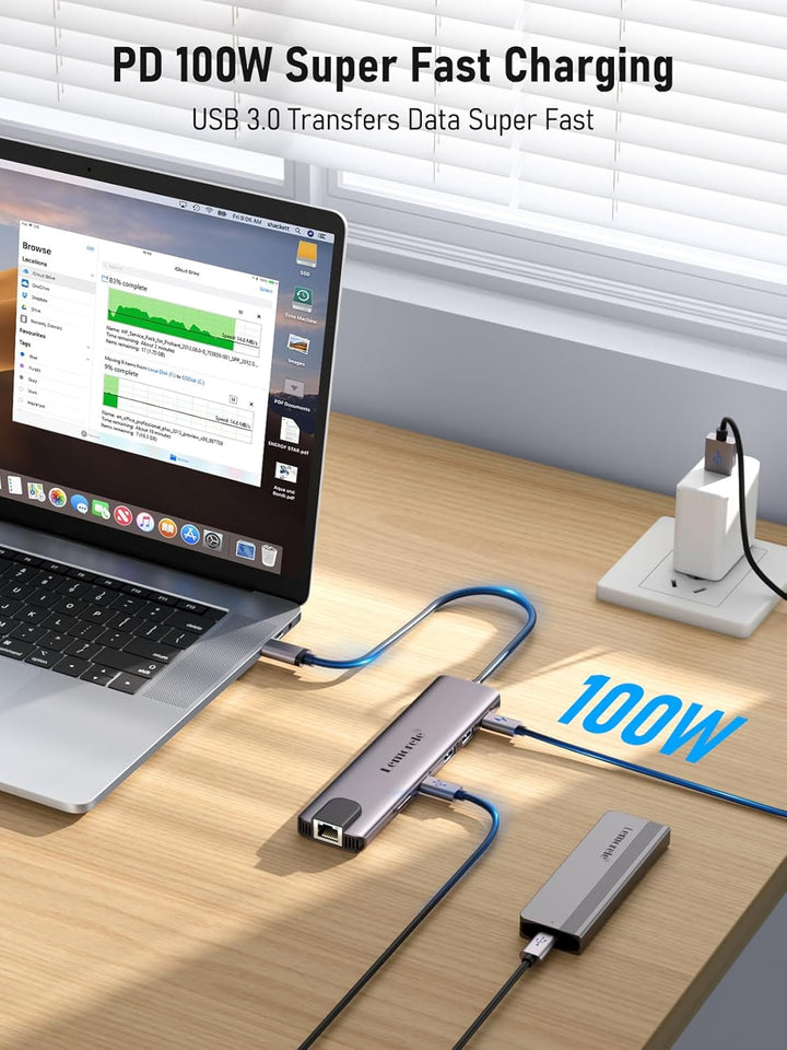 Aluminium Docking Station USB C Hub 2 HDMI, Gigabit Ethernet, 4 USB A, USB C 3.0, PD100W, SD TF, 100