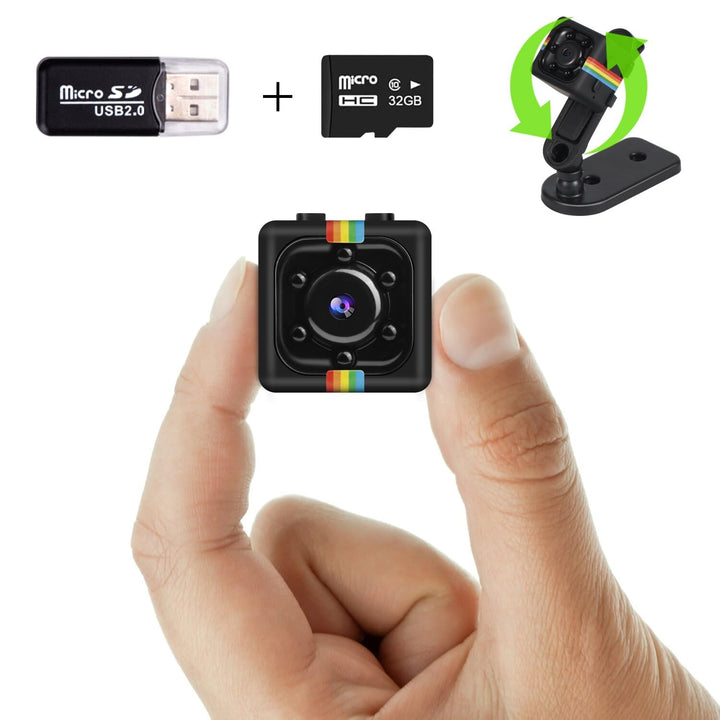 Überwachungskamera Ohne WLAN, 1080P Mini Kamera mit 32GB Speicherkarte, Nachtsicht, Drehbare Halteru