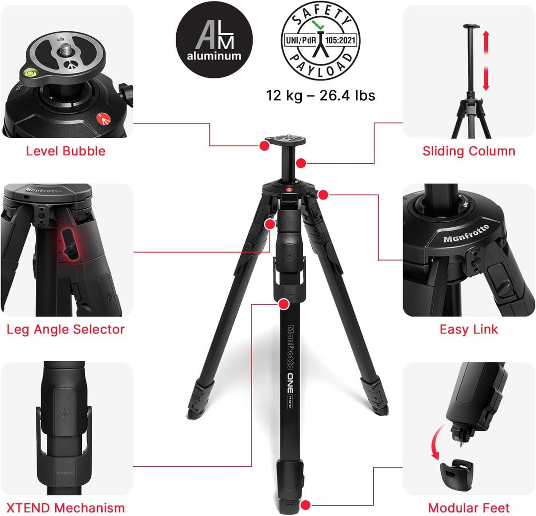 Manfrotto ONE Photo, Aluminium-Stativ,12 kg Tragkraft, 90° Horizontalsäule, XTEND-Beine für schnelle