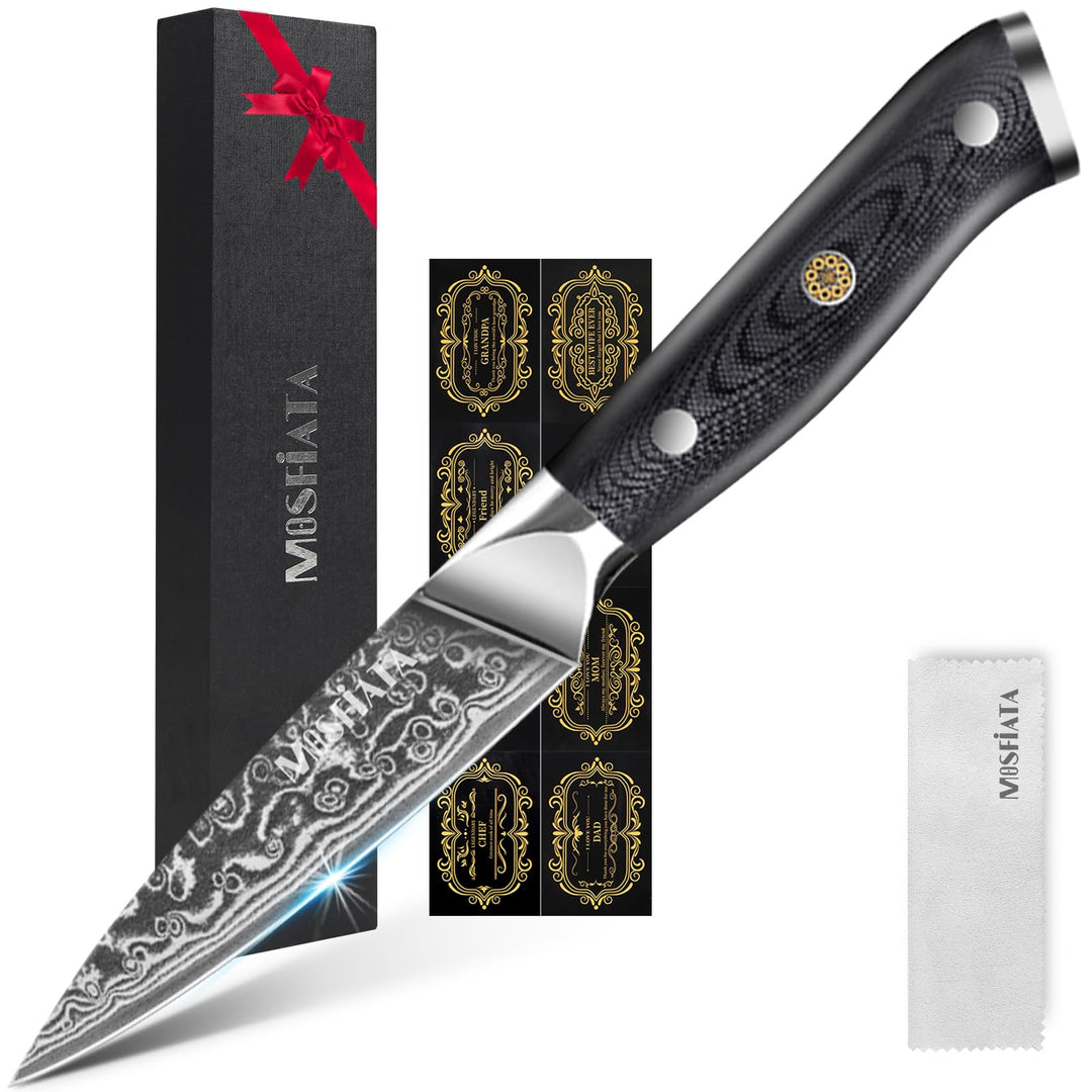 MOSFiATA 3,5 Zoll Damast Schälmesser Obstmesser Scharf Gemüsemesser, VG10 Damaszener Stahl, Geschenk
