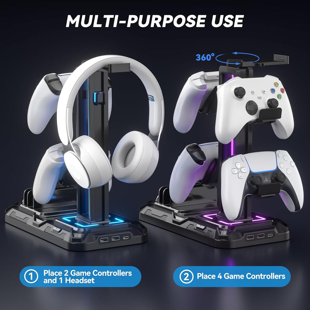 KDD Headset Halterung Led mit Ladestation - PS5 Controller Halter & Kopfhörer Ständer Tisch mit 9 Li